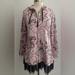 Logo by Lori Goldstein Light Pink Zip Hoodie with Black Floral Jacquard